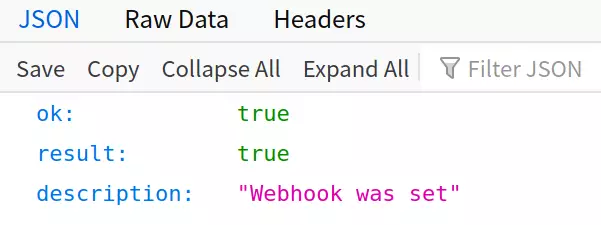 Output setWebhook pada Bot Telegram API