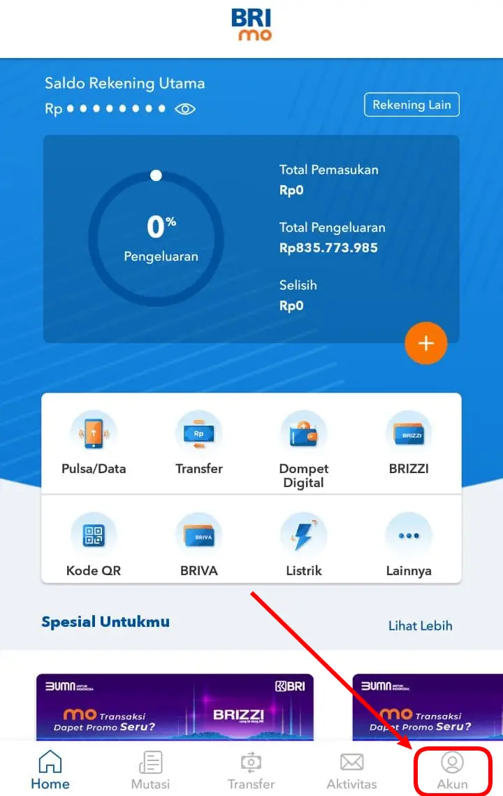 Menu Akun pada BRImo versi Baru