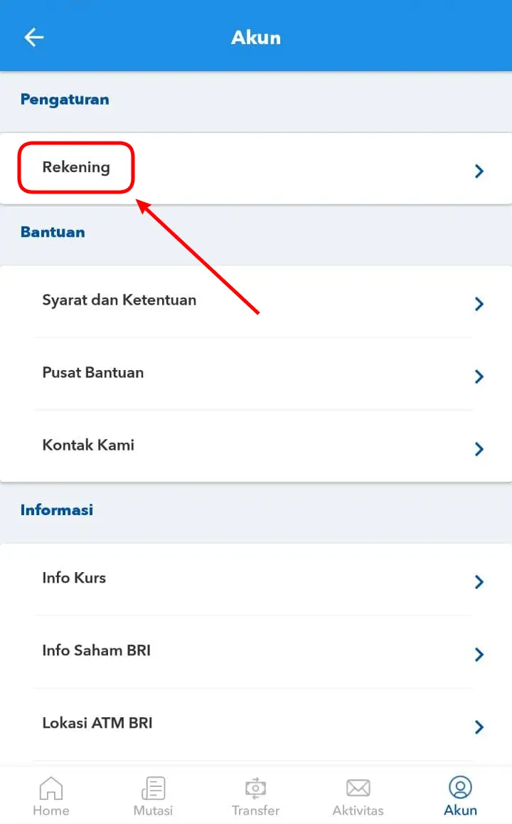 Menu Rekening BRImo teranyar
